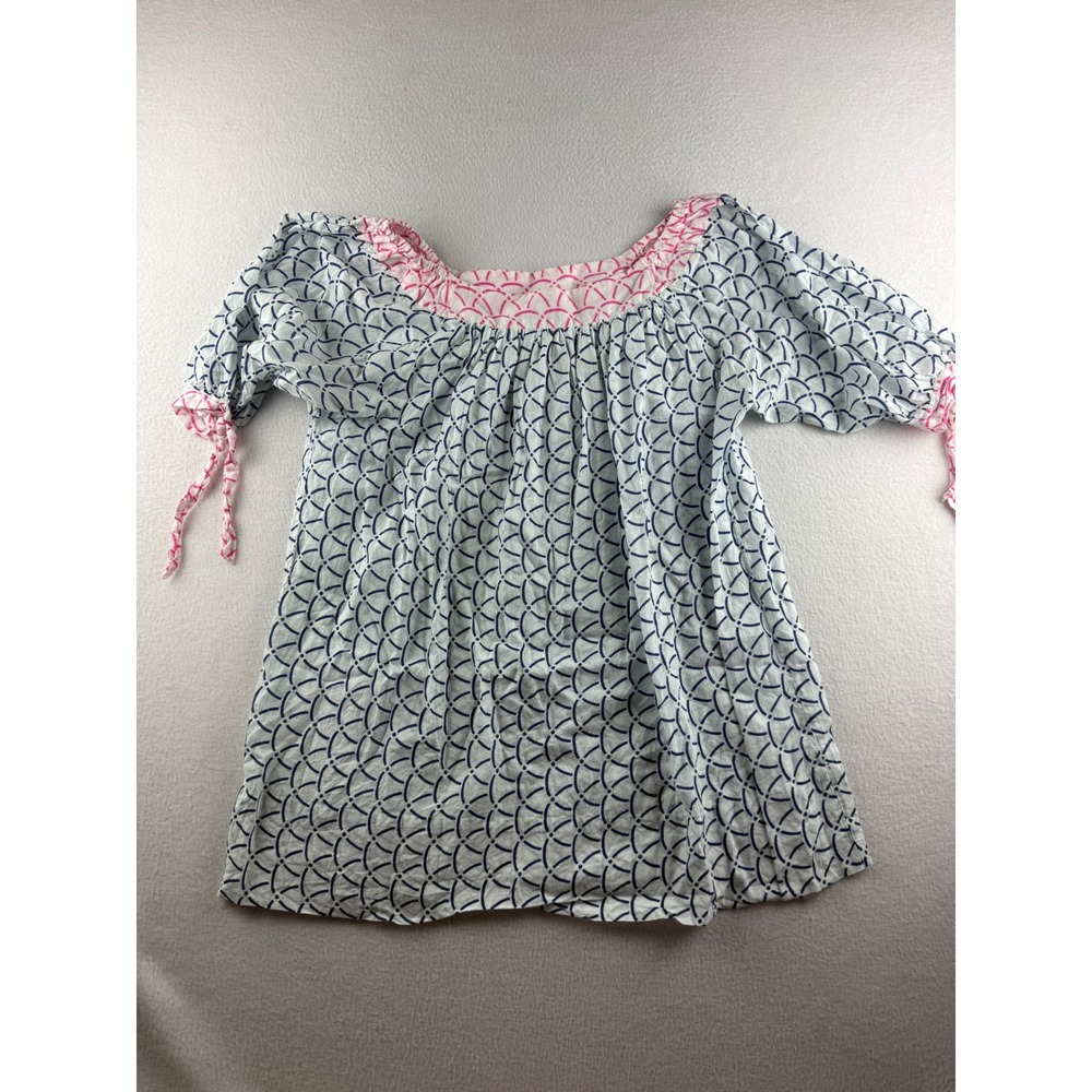Gretchen Scott Designs Womens Medium Blue White Pink Geometric Tunic Blouse Top